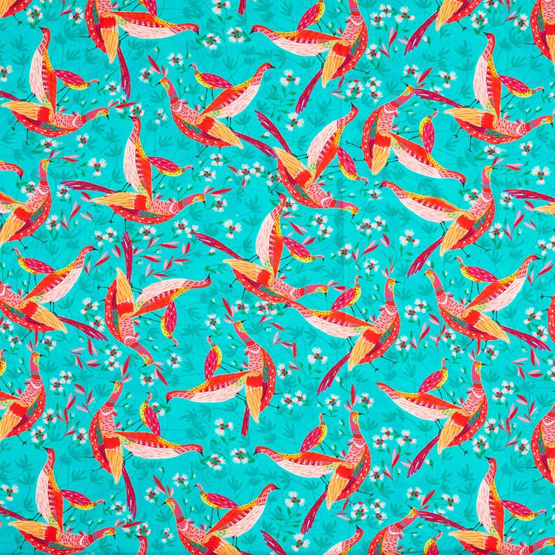 Beachwear Viskosestoff Pfauen und Blumen – aquablau/intensiv pink, image number 1