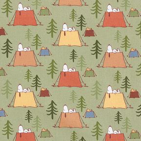 Baumwollpopeline Lizenzstoff Snoopy & Woodstock beim Zelten | Peanuts ™ – pistazie, 