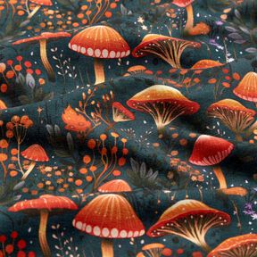 French Terry Sommersweat magischer Pilzwald Digitaldruck – dunkelgrün, 