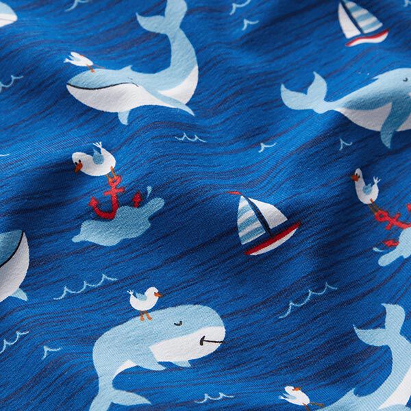 Baumwolljersey Wale, Schiffe und Möwen – blau | Reststück 80cm
