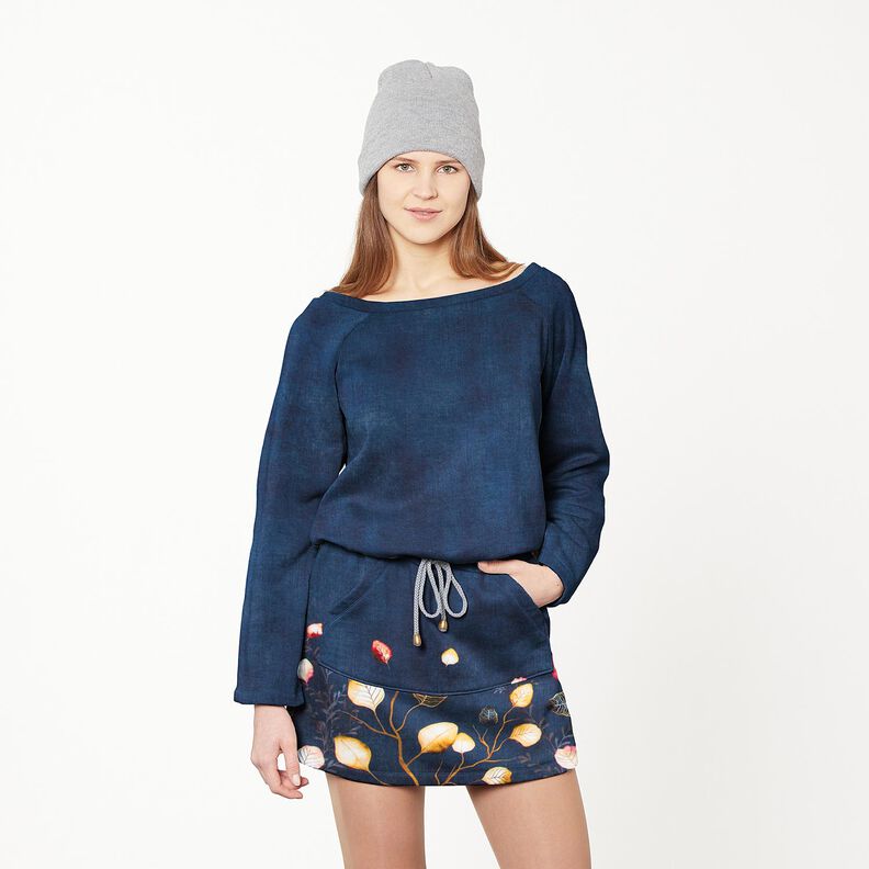French Terry Bordürenstoff Herbstblätter | Glitzerpüppi – marineblau/pfirsichorange,  image number 7