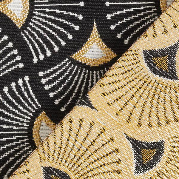 Dekostoff Jacquard kleine Fächer – schwarz/gold | Reststück 100cm