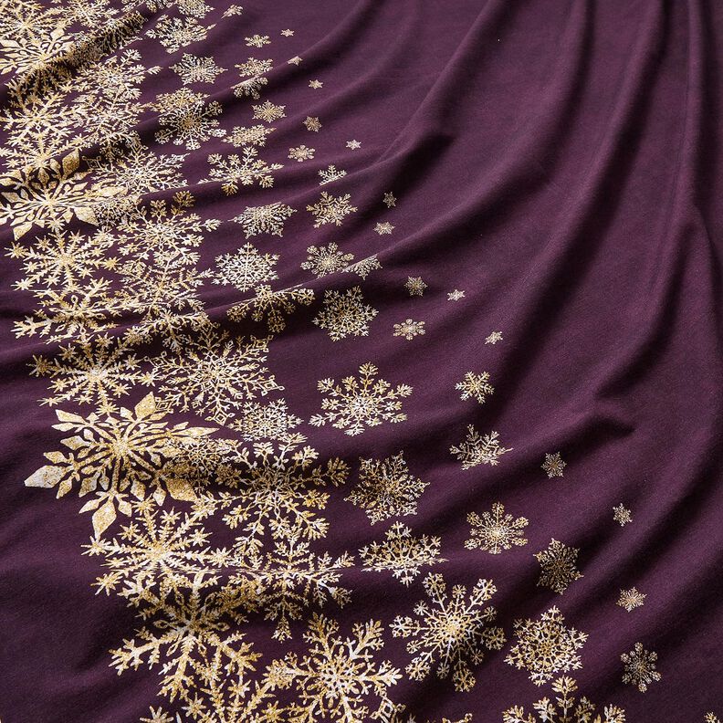 French Terry Sommersweat Eisblumen Bordürenstoff | Glitzerpüppi – aubergine/altgold, image number 2