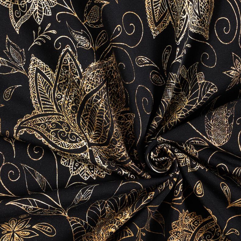 Baumwolljersey goldene Mandalablumen | Glitzerpüppi – schwarz/gold,  image number 3