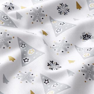 Baumwollstoff Cretonne geschmückte Weihnachtsbäume – weiss/gold, 