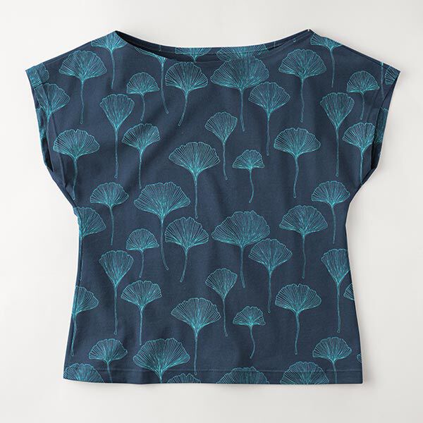 Baumwolljersey Ginkgoblätter – marineblau | Reststück 100cm