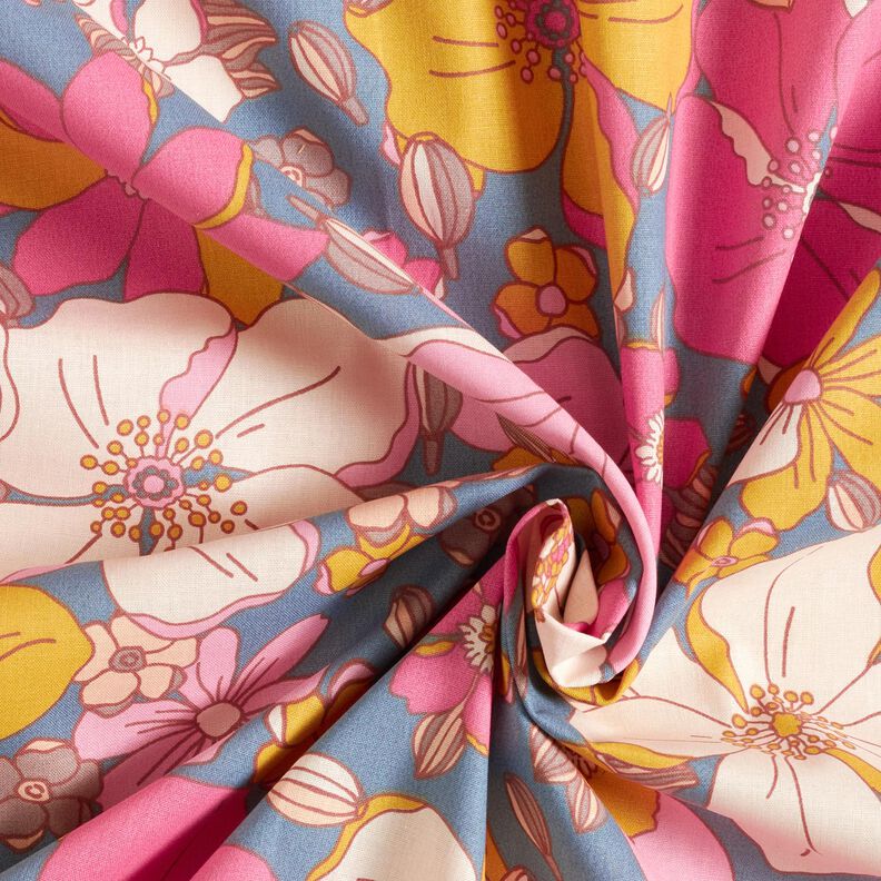 Baumwollstoff Cretonne große Blütenpracht – blaugrau/pink, image number 3