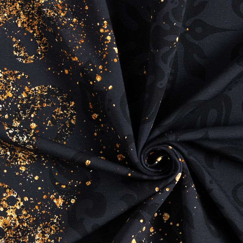 French Terry Sommersweat Bordürenstoff Goldornamente | Glitzerpüppi – schwarz/altgold,  image number 3
