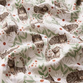 Baumwollstoff Cretonne Katzen in der Blumenwiese – silbergrau, 