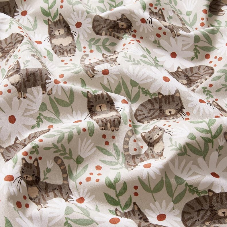 Baumwollstoff Cretonne Katzen in der Blumenwiese – silbergrau, image number 2