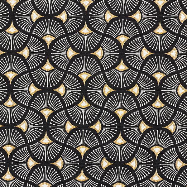 Dekostoff Jacquard kleine Fächer – schwarz/gold | Reststück 100cm