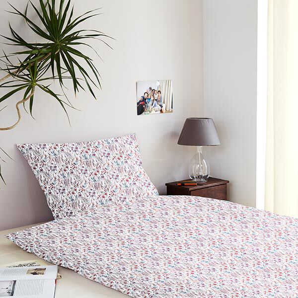 Dekostoff Baumwollpopeline Wildblumen – purpur/petrol | Reststück 100cm