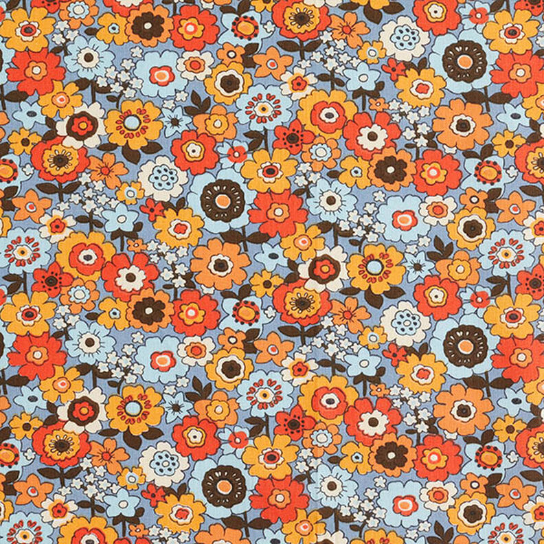 Baumwollstoff Cretonne kunterbunte Blumen – helljeansblau/orange,  image number 1