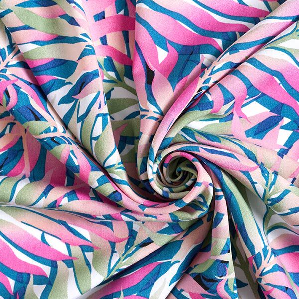 Viskosestoff tropische Blätter – weiss/rosa | Reststück 50cm