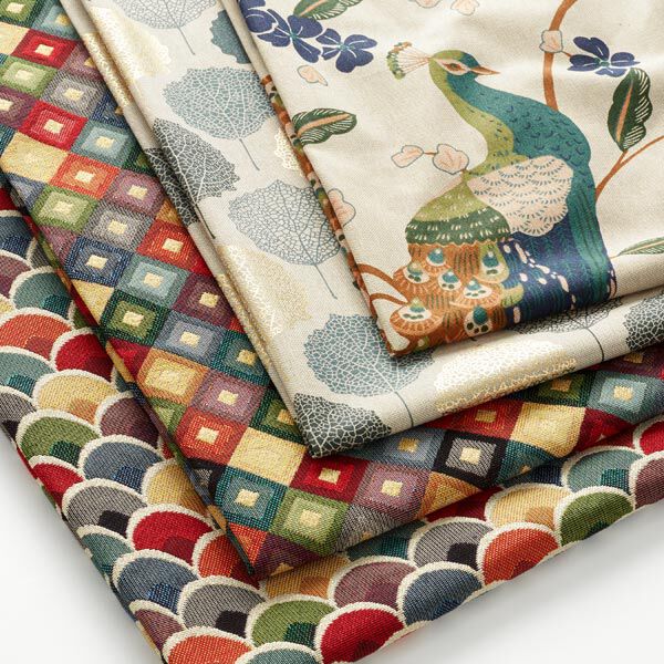 Dekostoff Halbpanama Pfauen – natur/petrol | Reststück 100cm