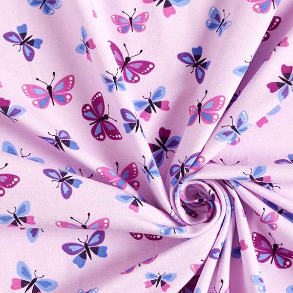 Baumwolljersey Schmetterlinge – pastellflieder | Reststück 110cm