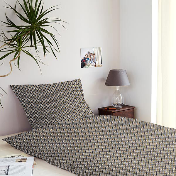 Baumwollstoff Cretonne Rautenmuster – schwarz/currygelb | Reststück 100cm