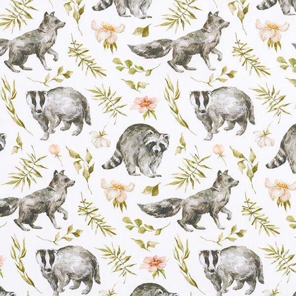 Baumwollpopeline Waschbär auf der Blumenwiese Digitaldruck – weiss | Reststück 50cm