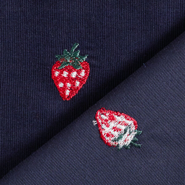 Babycord Erdbeeren Stickmotiv – nachtblau | Reststück 100cm