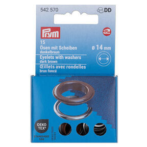 Ösen mit Scheiben [15 Stück | Ø 14 mm] | Prym – dunkelbraun/silber metallic, 