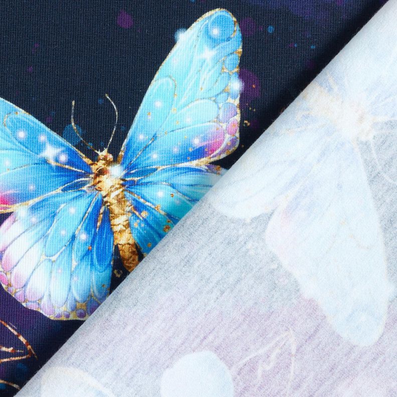 Baumwolljersey Sparkly Butterflies and Flowers | Glitzerpüppi – nachtblau/eisblau, image number 4