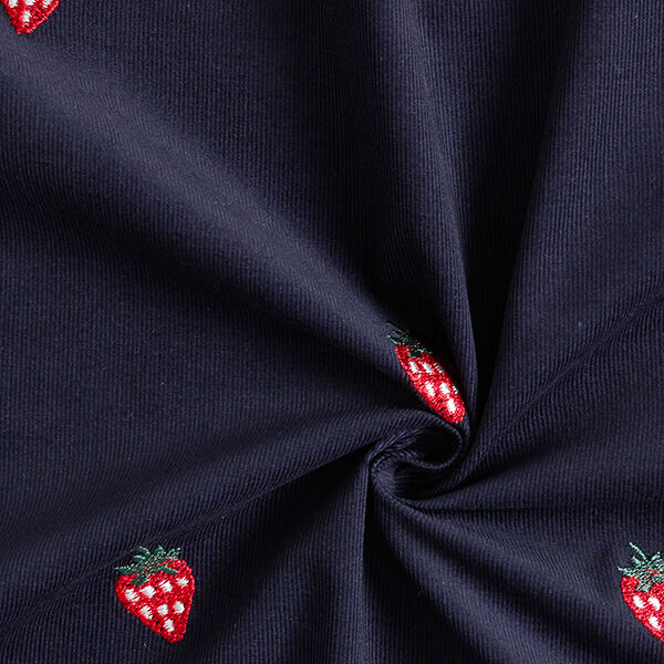 Babycord Erdbeeren Stickmotiv – nachtblau | Reststück 100cm