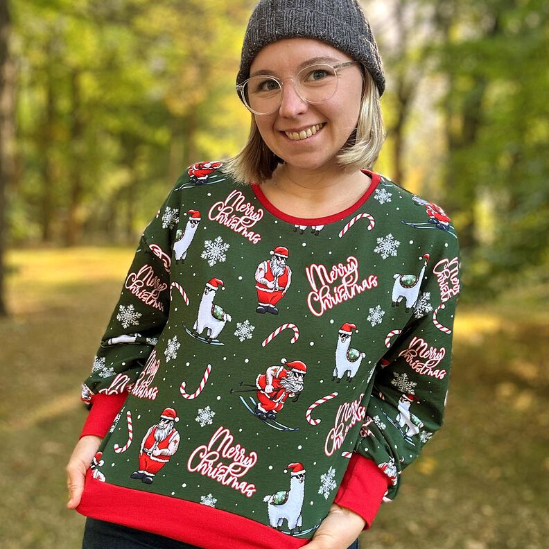 French Terry Sommersweat Weihnachtsmann und Lama | Glitzerpüppi – tannengrün/chili,  image number 5