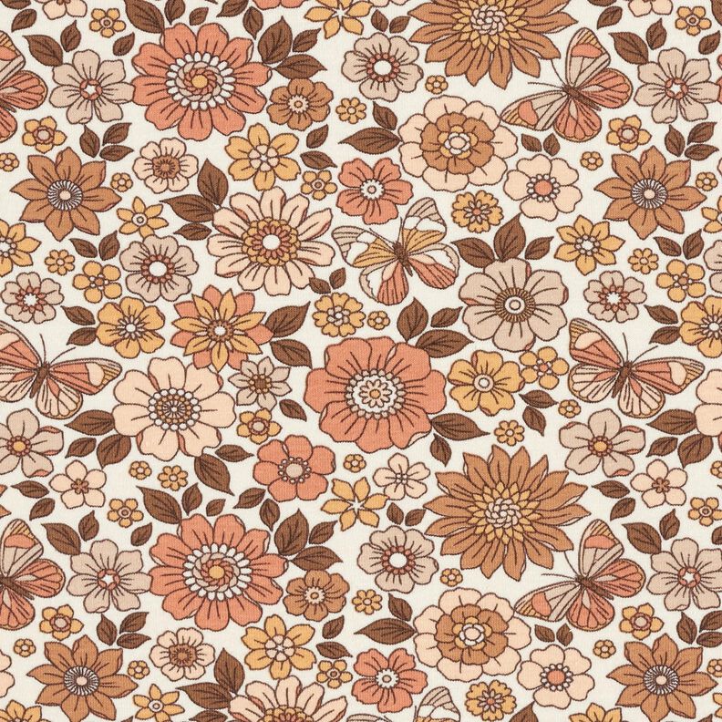 Baumwolljersey Retro Blumen und Schmetterlinge Digitaldruck – creme,  image number 1