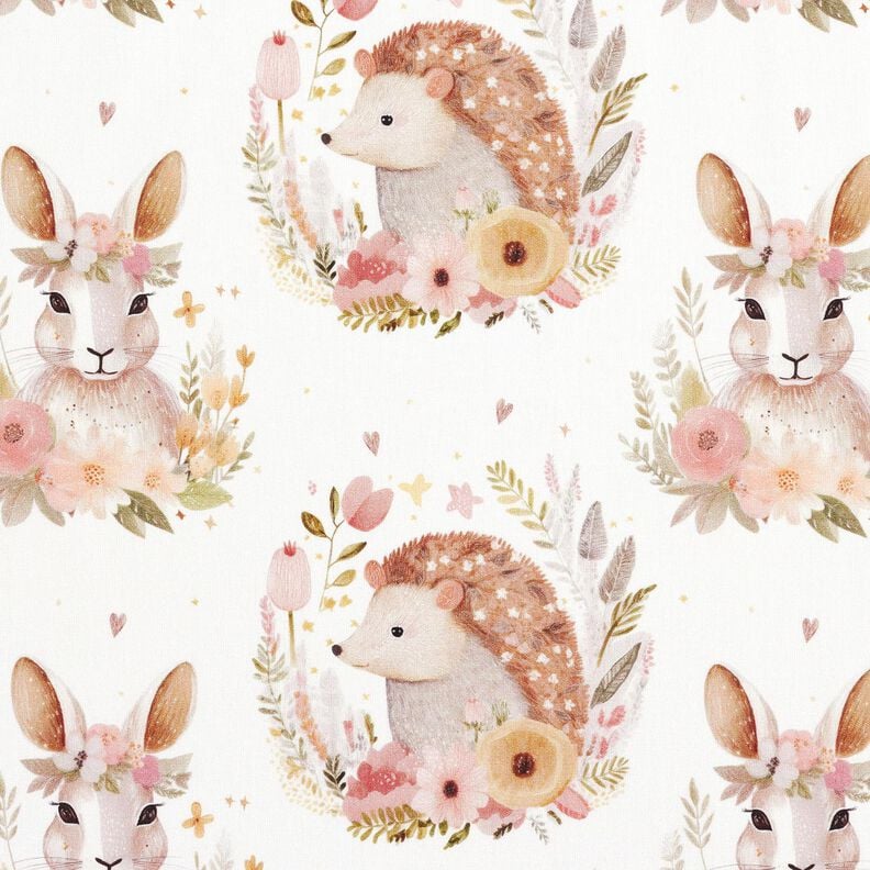 Baumwollpopeline Hase und Igel im Blumenkreis Digitaldruck – elfenbein, image number 1