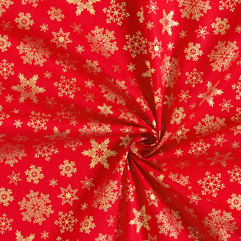 Baumwollstoff Popeline Schneekristalle – rot/gold, image number 3