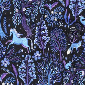 French Terry Sommersweat Märchenwald Digitaldruck | Poppy Fabrics – schwarzblau/rotlila, 
