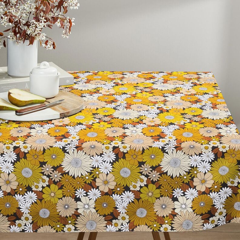 Baumwollstoff Cretonne große Retroblumen – schwarz/sonnengelb, image number 6