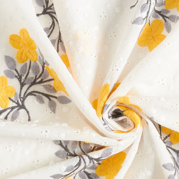 Baumwollstoff Lochstickerei Blumen – weiss/gelb | Reststück 50cm