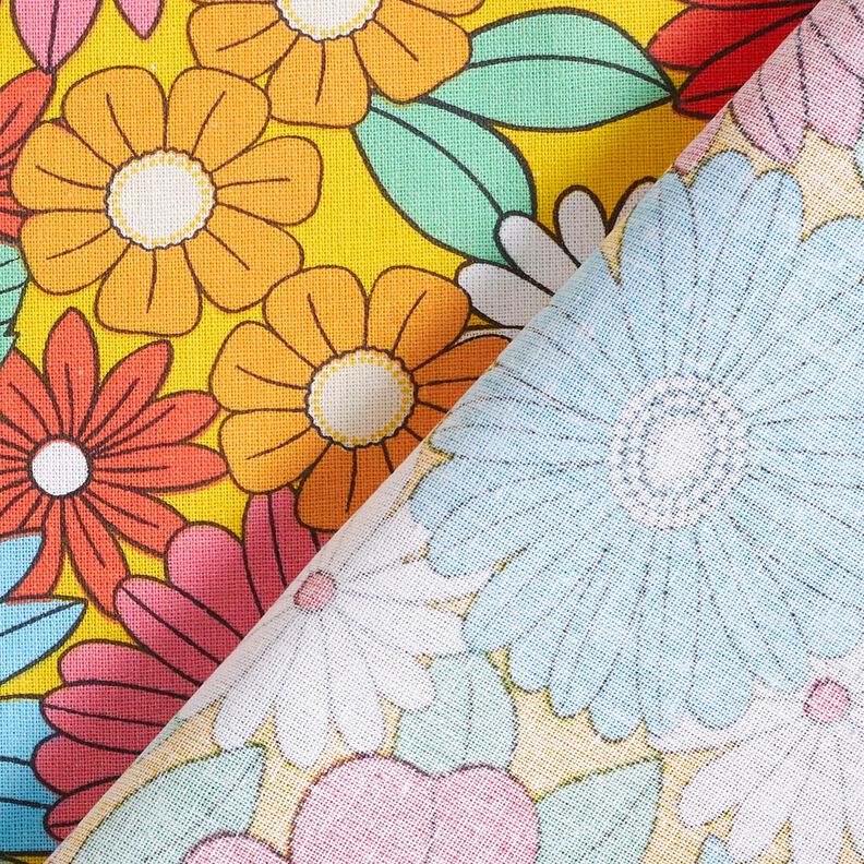 Baumwollstoff Cretonne große Retroblumen – türkis/sonnengelb,  image number 4