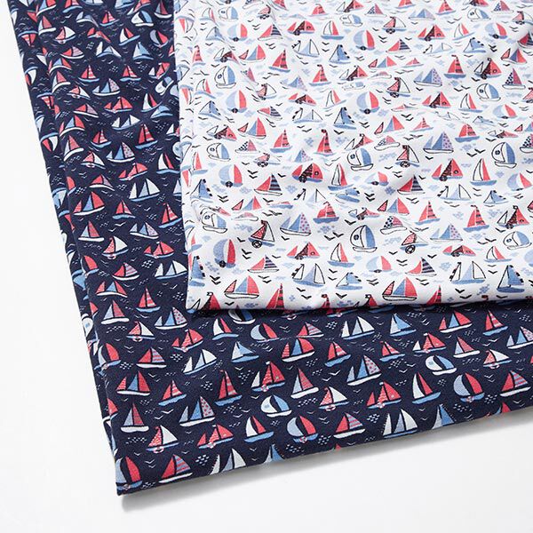 Baumwolljersey Segelboote – weiss | Reststück 100cm