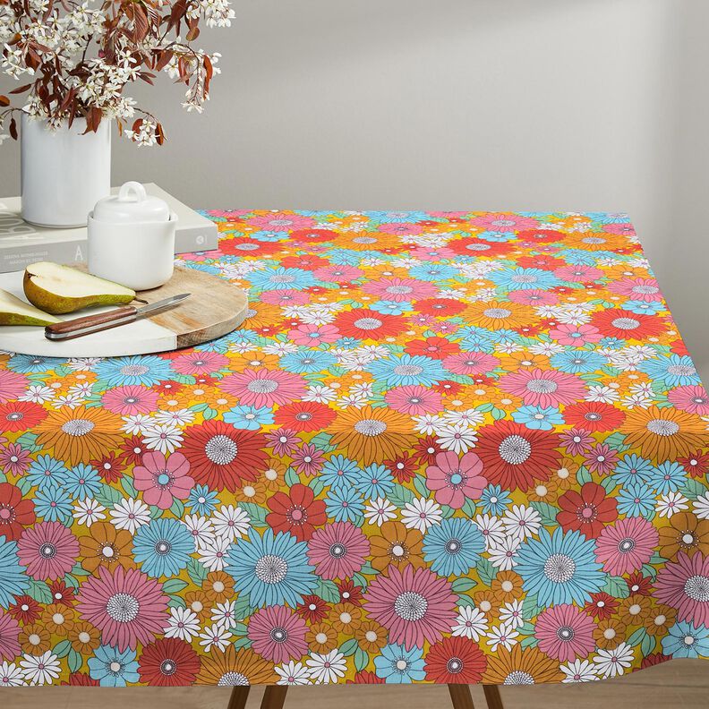 Baumwollstoff Cretonne große Retroblumen – türkis/sonnengelb,  image number 6