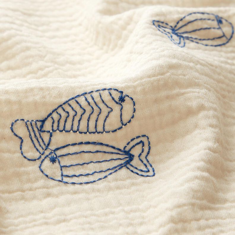 Musselin/ Doppel-Krinkel Gewebe gestickte Fische | Poppy Fabrics – wollweiss/königsblau,  image number 6