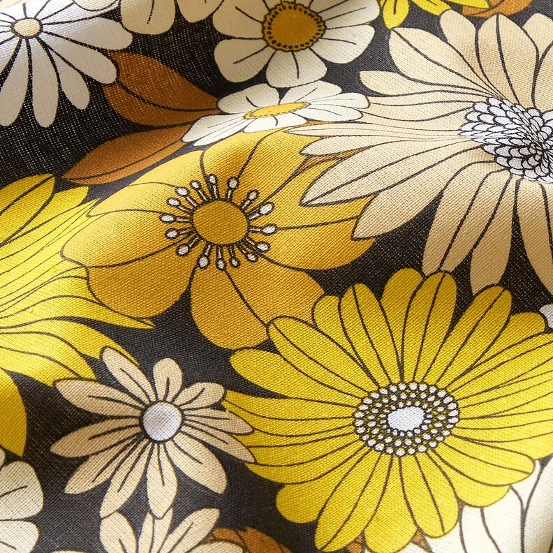 Baumwollstoff Cretonne große Retroblumen – schwarz/sonnengelb, image number 2