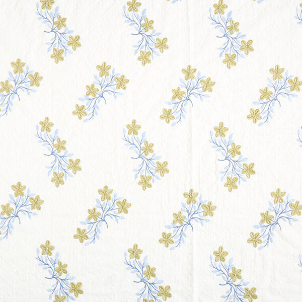 Baumwollstoff Lochstickerei Blumen – weiss/blau | Reststück 50cm
