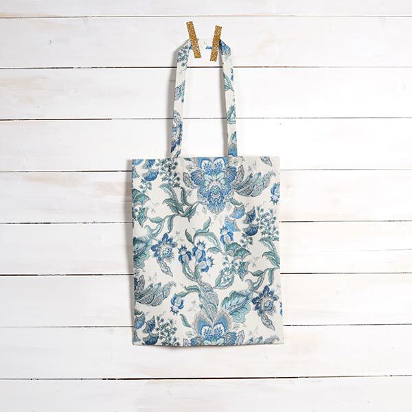 Dekostoff Canvas orientalische Blumenornamente 280 cm – weiss/blau | Reststück 50cm