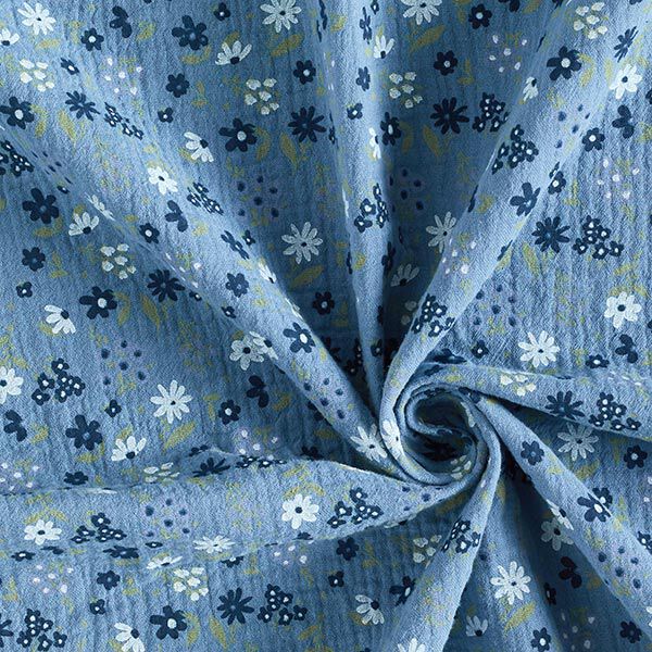 Musselin/ Doppel-Krinkel Gewebe kleine Blümchen – ozeanblau | Reststück 50cm