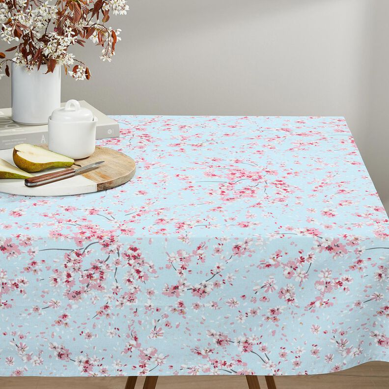 Dekostoff Halbpanama Kirschblütenzweige – hellblau/rosa,  image number 7