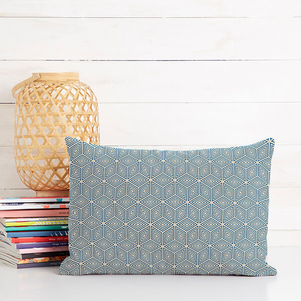 Dekostoff Halbpanama 3D-Würfel – blau/natur | Reststück 60cm