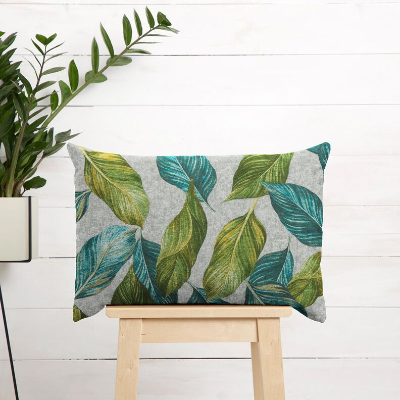 Dekostoff Canvas Ficus-Blätter – blautanne/grau,  image number 7