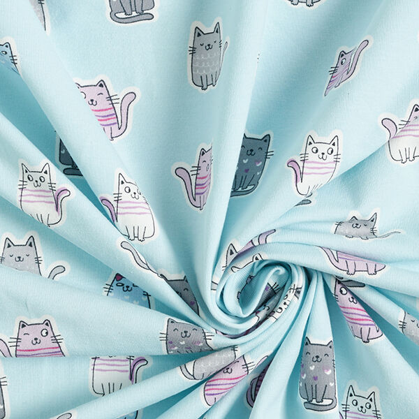 Baumwolljersey freche Katzen  – babyblau | Reststück 50cm