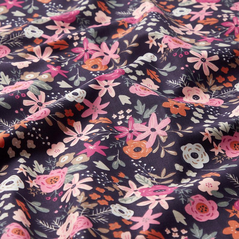 Baumwollpopeline Blumenbouquets – schwarzblau/purpur, image number 2