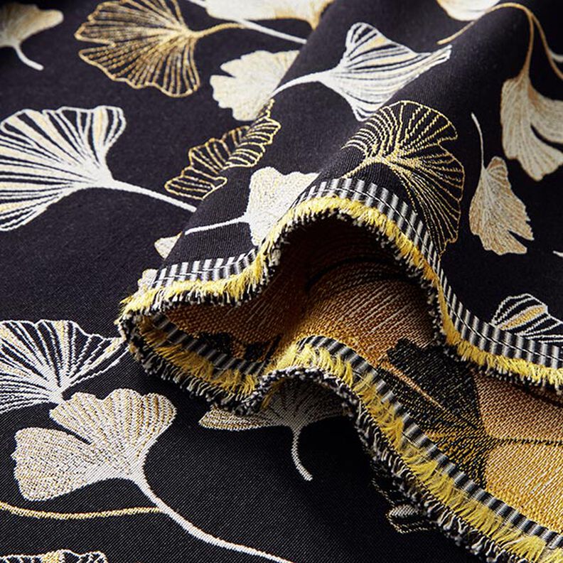 Dekostoff Jacquard Ginkoblätter – schwarz/gold,  image number 3