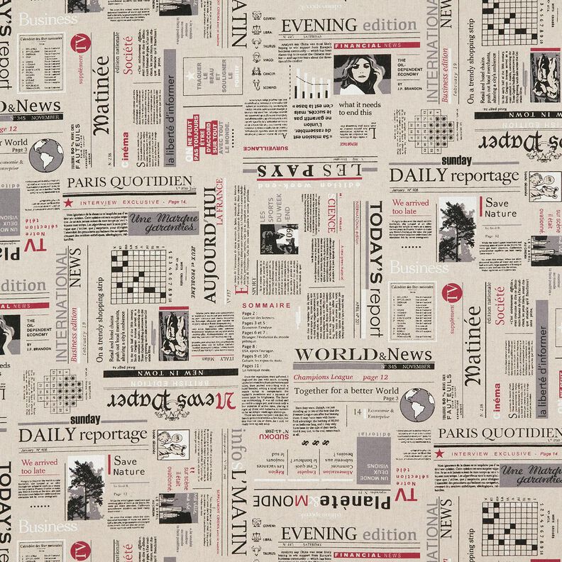 Dekostoff Halbpanama internationale Zeitung – natur/schwarz,  image number 1