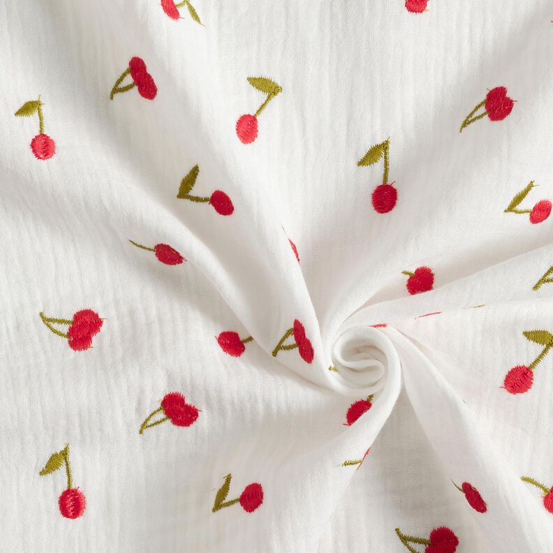 Musselin/ Doppel-Krinkel Gewebe gestickte Kirschen | Poppy Fabrics – weiss/feuerrot,  image number 3