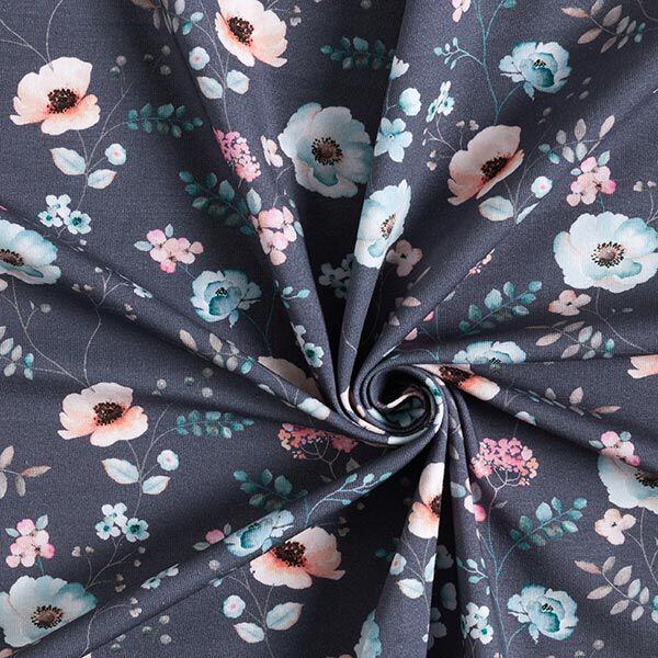 Baumwolljersey Frühlingsblumen Digitaldruck – marineblau | Reststück 50cm
